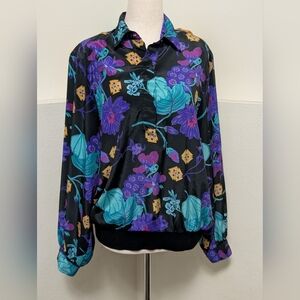 Alfred Dunner Black Button-Up Blouse with Teal & Purple Floral Print